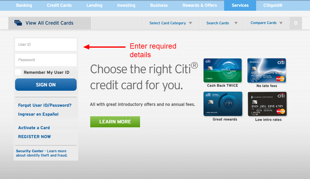 citibank credit card login